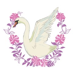 Princess swan doodle vector illustration.