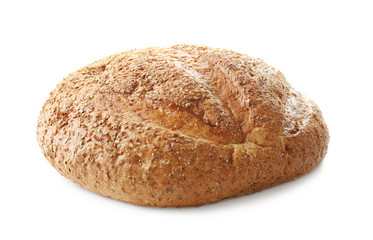 Loaf of freshly baked bread on white background