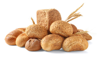 Bread products on white background