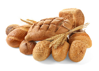 Bread products on white background