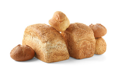 Bread products on white background