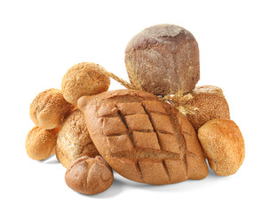 Bread products on white background