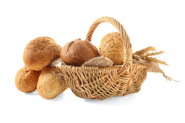 Basket with bread products on white background