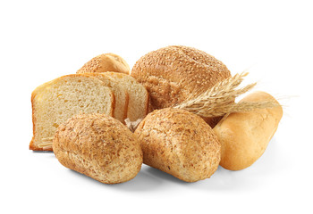Bread products on white background