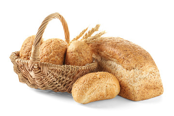 Basket with bread products on white background