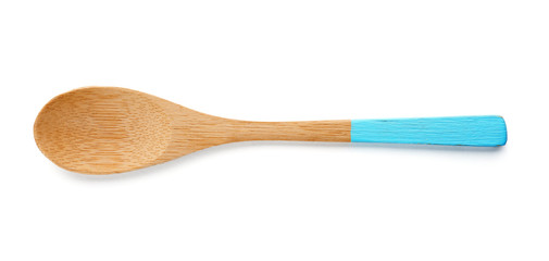Wooden spoon on white background. Handcrafted cooking utensils