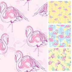 Set seamless backgrounds with pink flamingos and anchors, gray,
