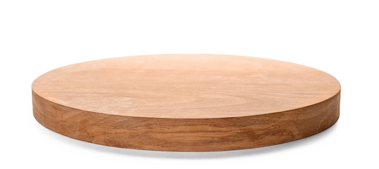 Wooden board on white background. Handcrafted cooking utensils