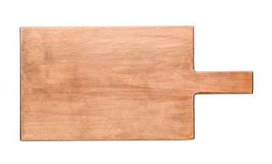 Wooden board on white background. Handcrafted cooking utensils