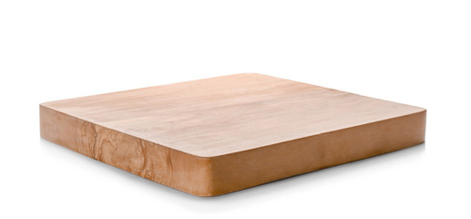 Wooden board on white background. Handcrafted cooking utensils