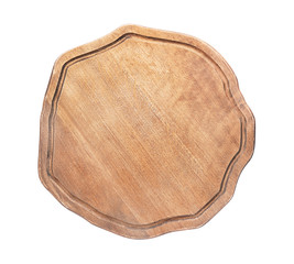 Wooden board on white background. Handcrafted cooking utensils