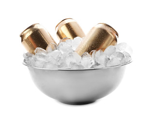 Bowl with cans of beer in ice on white background