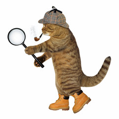 The cat detective with a smoking pipe holds a magnifying glass. White background. - 194428002
