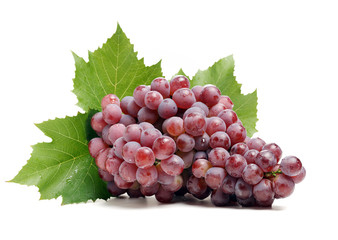 Pink grape with leaves isolated on white background