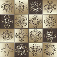 Seamless patchwork pattern. Vintage textures with tiles in retro style. Gold and brown design