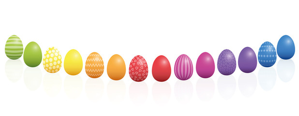 Easter eggs. Curved line, different colors and patterns. Rainbow colored three-dimensional isolated vector illustration on white background.