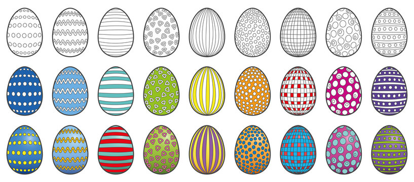 Easter coloring picture - different stages of nine easter eggs with different patterns - isolated vector illustration on white background.