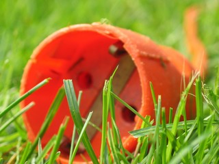 Orange Kabelverlängerung Steckdose in grünem Gras Wiese im Haus Garten