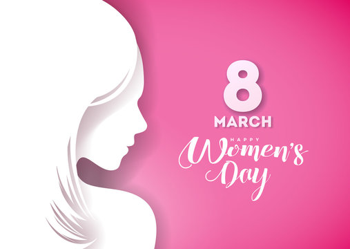 Happy Womens Day Greeting Card Design with Sexy Young Woman Silhouette. International Female Holiday Illustration with Typography Letter Design on Pink Background. Vector International 8 March
