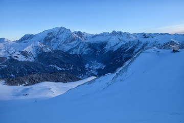 Fototapeta premium Italian Dolomites in Winter from Val di Fassa Ski Area, Trentino-Alto-Adige region, Italy