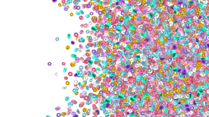 Beads background. Fashion accessory. Handmade craft. Glass beads top view. Sequins. Heap of gems. Rhinestones wallpaper. Realistic illustration. 3d rendering. Jewelry making.