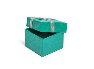 Open Tea gift box with silver ribbon isolated on white backgroun