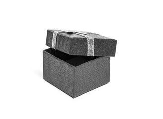 Open Black gift box with silver ribbon isolated on white backgro