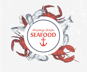 Vector hand drawn seafood logo.