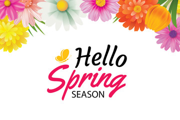 Obraz premium Hello spring season greeting card with colorful flower frame background template. Can be use voucher, wallpaper,flyers, invitation, posters, brochure, coupon discount.