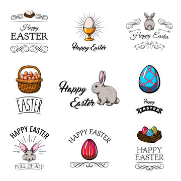 Big Collection of Happy Easter Objects. Flat Design Vector Illustration.