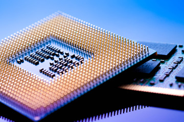 technology cyber electronic concept. cpu ram computer on blue light background