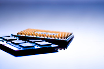 technology cyber electronic concept. cpu ram computer on blue light background