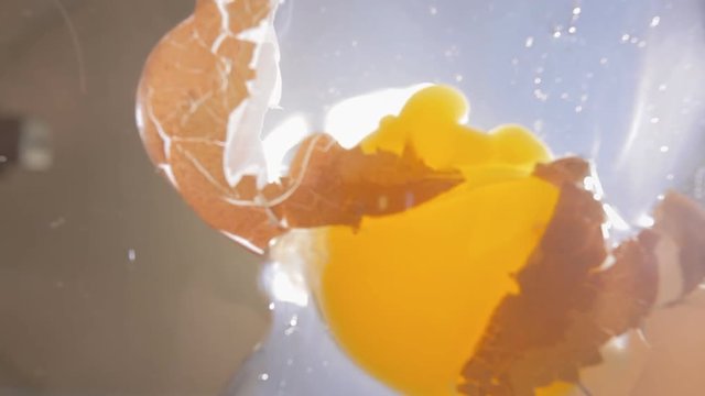 An egg falling on a glass floor and breaking, creating a wreck. Shot from below, with diegetic audio.

