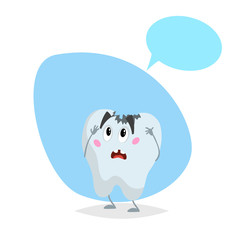 Cartoon sick tooth sad mascot. Dental care  character with dummy speech bubble. Vector illustration.
