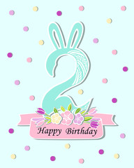 Vector illustration with number Two, Bunny ears and floral wreath. Template for Birthday, party invitation, greeting card, pet shop. Cute Number Two as Second year anniversary logo, patch, sticker