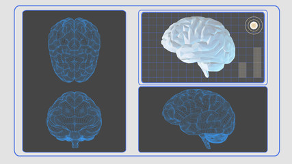 3D brain analysis interface screen on white BG