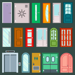 Vector doors design furniture elements doorway front entrance to house building in flat style doorstep illustration isolated on background. House elements