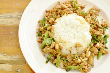 spicy fried minced pork with basil leaf on rice