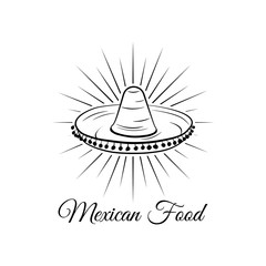 Sombrero in beams. Mexican food logo. Mexican Fast food logotype. Vector illustration.