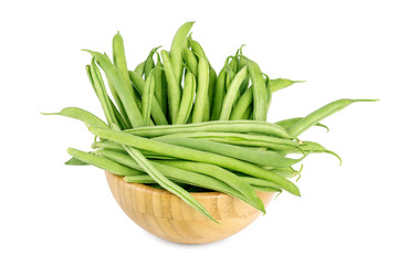 Green beans isolated in wooden bowl on a white background.