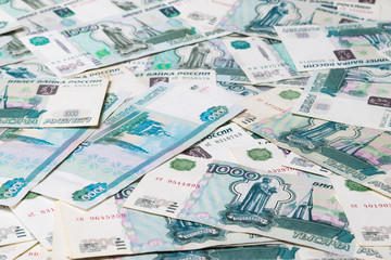 One thousand roubles banknotes isolated on white background. Background concept.