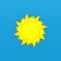 Yellow sun with rays vector icon on blue background.