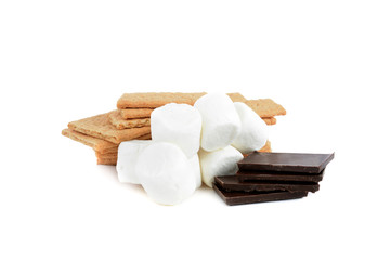S’mores ingredients , chocolate, graham crakers,marshmallows isolated on white background