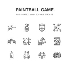 Paintball game vector flat line icons. Outdoor sport equipment, paint ball marker, uniform, mask, chest protection. Extreme leisure thin linear signs. Pixel perfect 64x64.