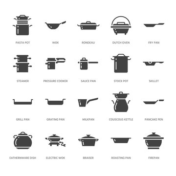 Pot, pan and steamer glyph icons. Restaurant professional equipment signs. Kitchen utensil - wok, saucepan, eathernware dish. Silhouette signs for commercial cooking store. Pixel perfect 64x64.