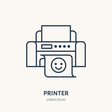 Printer with printed paper flat line icon. Office printing device sign. Thin linear logo for printery, equipment store.