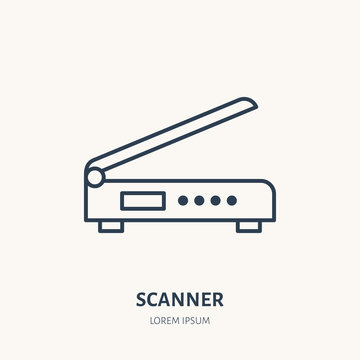 Scanner flat line icon. Office scanning device sign. Thin linear logo for printery, equipment store.