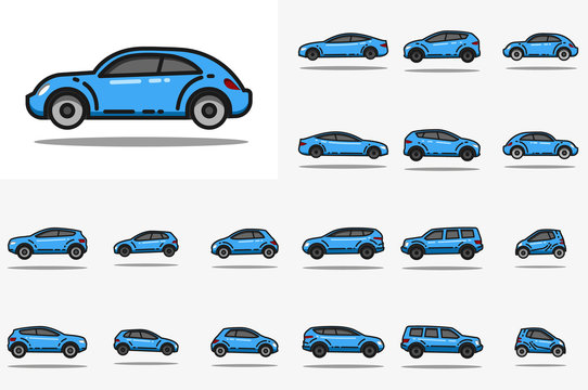 Set Of Various Cars Front And Side View Flat Line Vector Icon.