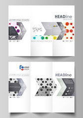 Tri-fold brochure business templates on both sides. Abstract vector layout in flat style. Chemistry pattern, hexagonal design molecule structure, medical DNA research. Geometric colorful background.