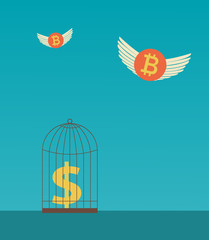 Dollar in a cage and independent bitcoin.